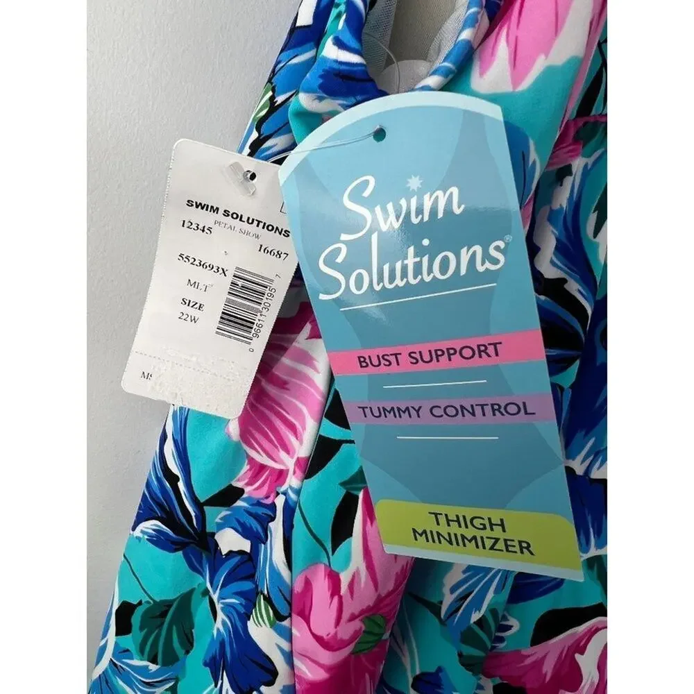 Swim Solutions Plus Size Blue Pink Floral One Piece Swimsuit 22W - Picture 3 of 8